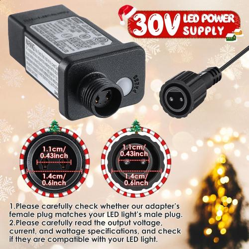 30V/29V LED Power Supply, Class 2 Power Supply for Christmas String Light Decorations, 12W 8 Mode Light LED Transformer Replacement for Christmas Plug, Waterproof Plug Adapter(2 Pcs)