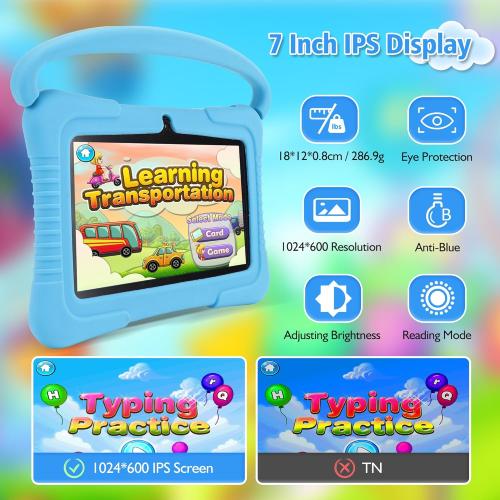 Veidoo Kids 7 Android Tablet PC, 2GB RAM, 32GB ROM, Safety Eye Protection, WiFi, Dual Camera, Games, Parental Control APP, Blue Silicone Case