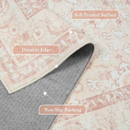 LIVEBOX Washable Rug 6x9 for Living Room, Soft Boho Pink Rugs for Bedroom, Non-Slip Vintage Floral Rug, Ultra-Thin Non-Shedding Large Carpet for Dining Room, Nursery, Home Office, Light Pink