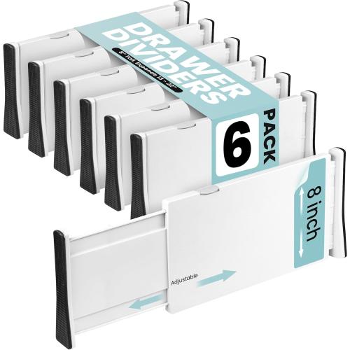 RAPTUROUS Adjustable Drawer Dividers, 4 Tall, Expandable 11-17, 6-Pack, Non-Slip for Deep Drawers in Kitchen, Bedroom, and Closet (White)