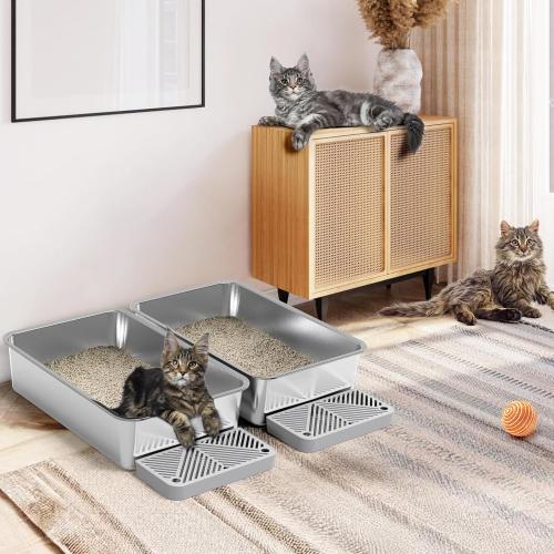 2 Pack 23.6 x 15.7 x 6 Deep & Extra Large Stainless Steel Cat Litter Boxes, High Sides Metal Cat Litter Box for Multi-Cats Big Cats XL Metal Litter Pan Tray, Non-Sticky, Easy Cleaning