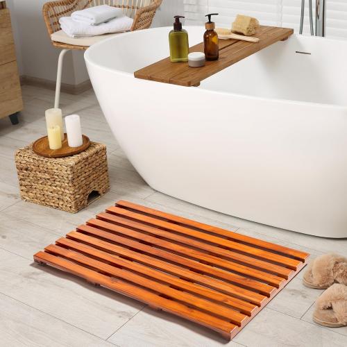 Teak Bath Mat 32x18 Extra Large - Solid Wood Shower Mat for Bathroom, Spa & Outdoor Use - Non-Slip Fast-Drying Design - Natural Teak Wood - Wide Slat Floor Mat for Tub & Pool