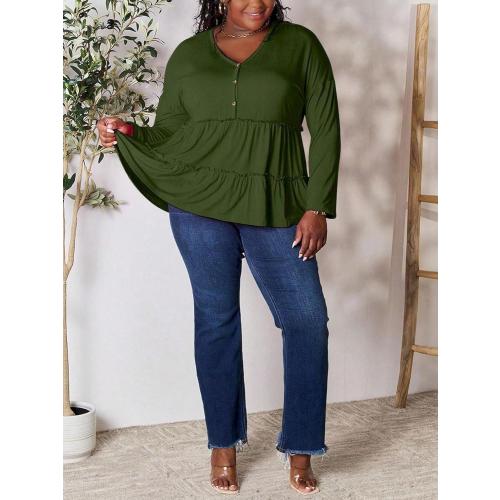 SIZE. XL.   Women's Casual Blouse Ruffle Layered Half Button Blouse Top Charcoal Lightweight Knit Fabric Long Sleeve Button-Front