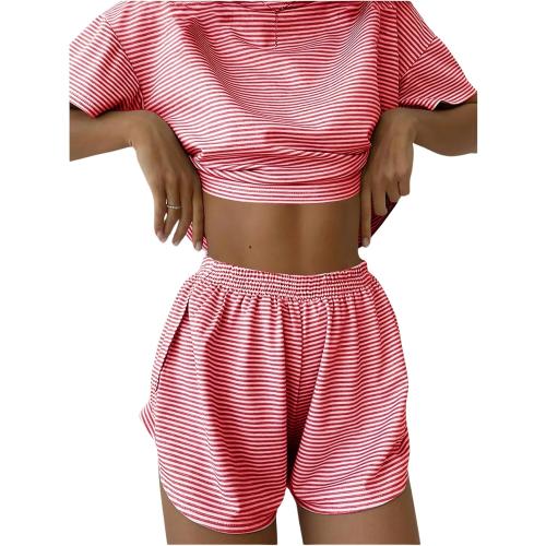 Size M...Women's 2 Piece Pajama Set Stripe Short Sleeve Crewneck Crop Lounge Shorts Set Soft Sleepwear