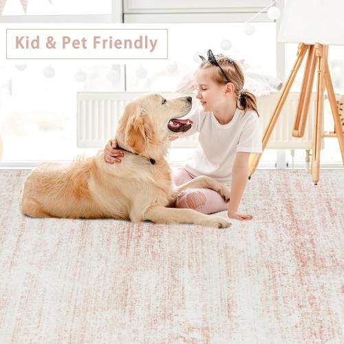 Srugn Washable Rugs 9x12 Area Rugs for Living Room,Rugs for Bedroom,Large Carpets,Ultra Soft Faux Wool Retro Dining Room Rug,Non Slip&Non-Shedding Low Pile Vintage Print Rug for Home Office-Pink White