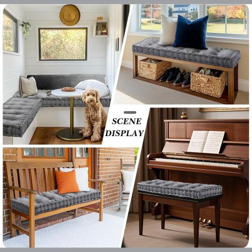 Bench Cushions for Indoor Furniture 42x16 in Velvet Kitchen Dining Piano Window Seat Cushion, Tufted Patio Porch Swing Thicken Bench Pad Memory Foam(Gray)