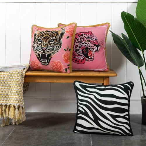 Tiger Floral Velvet Decorative Throw Pillow Cover 18x18 In Pink Pillow Covers Flower Animal Print Tiger Cushion Cover with Tassels Modern Decor Square Pillowcase for Sofa Couch Bedroom Living Room