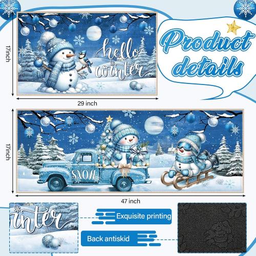 Duraaamo Set of 2 Hello Winter Snowman Kitchen Rugs Blue Christmas Kitchen Mats Cute Bathroom Rug Non Slip Floor Mat Doormat for Winter Holiday Decor 17 x 29 Inch and 17 x 47 Inch