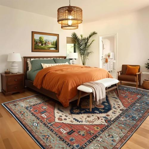Size 6x9 Boho Floral Area Rug 6x9 - Rustic Oriental Southwestern Style with Aztec Inspired Patterns, Soft Machine Washable Non-Slip Rug, Vintage Rust Colored Rug for Living Room, Bedroom, Dining Room.
