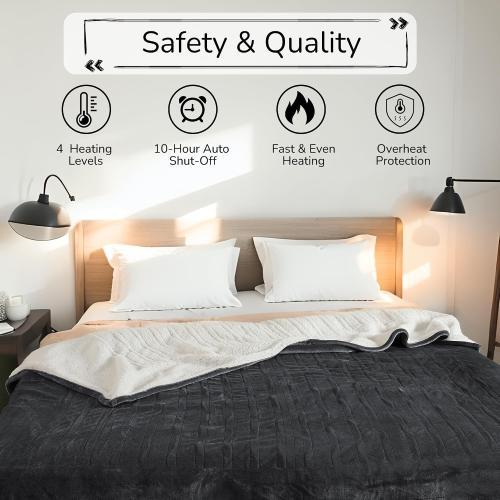 Electric Heated Blanket 72x84 Full Size - Dual-Sided with Microplush & Sherpa Fabric, 4 Heat Settings & 10 Hours Auto Off, Machine Washable - Iron Gray
