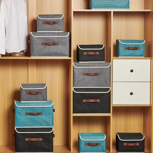 Storage Bins with Lid Fabric Storage Box Basket PU Leather Handle Textured Woven Cotton Linen Decorative Foldable Washable Shelf Closet Organizer Container (Flip-top Lid, Gray, Small)