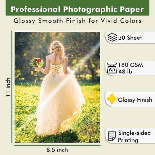 Glossy Photo Paper 8.5x11 Inch 48lb 180gsm Professional Glossy Photographic Paper Letter Size Instant Dry Work for Inkjet Printers Dye Ink 30 Sheets by Transfer Master