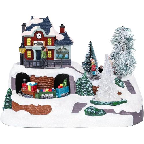WONDER GARDEN Christmas Village Houses-Christmas Houses Village - Lighted Musical Railway Station Moving Train Town Sets with Revolving Acrylic Trees Animated Figurines for Indoor Decor or Gift