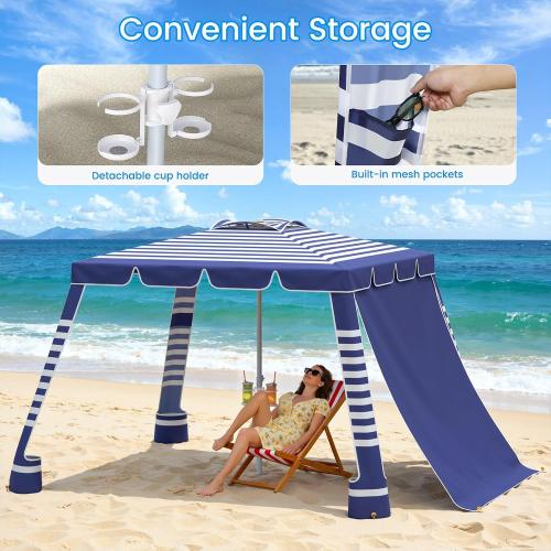 MoKo Beach Cabana,120 Sq. Ft. Large Beach Canopy Tent Sun Shade, UPF 50  Protection Easy Setup Beach Tent, Adjustable Height Wind Resistant Cabana Sun Shelter for Whole Family, Navy Stripes