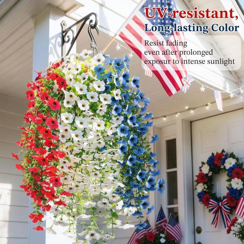 Lewondr 4th of July Artificial Hanging Flowers Plants for Outdoor, 3 PCS | Faux Silk Memorial Day Plants, 30'' Red White Blue UV-Resistant Flower, for Independence Veterans Porch Patio Yard Decor