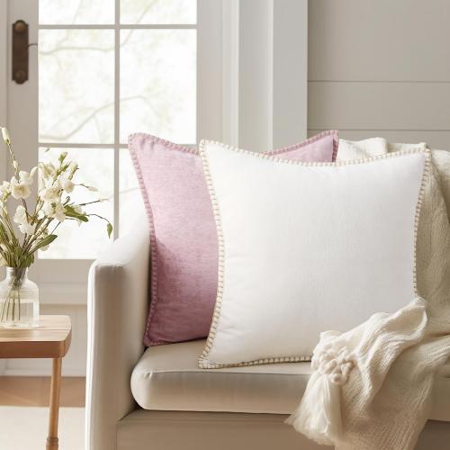 decorUhome Spring Chenille Soft Cozy Throw Pillow Covers 22x22 Set of 2, Modern Farmhouse Boho Velvet Decorative Euro Sham Pillow Cases with Stitched Edge for Couch Sofa Bed Home Decor, Cream White