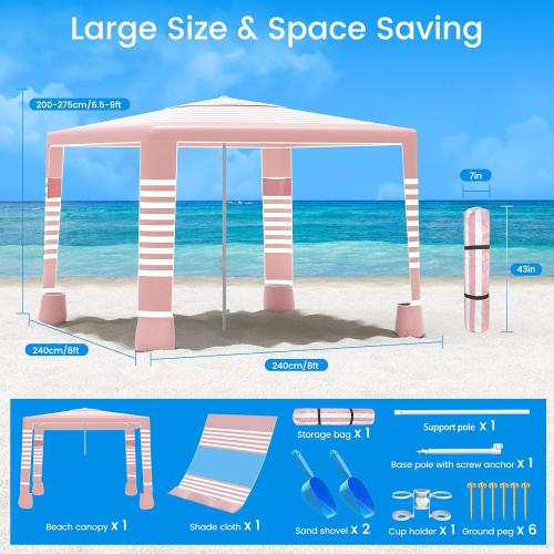 MoKo Beach Cabana, 8'×8' Large Beach Canopy with Side Wall, UPF 50  Protection Easy Setup Beach Tent Sun Shelter, Adjustable Height Wind Resistant Cabana Beach Tent for Whole Family, Pink Stripe