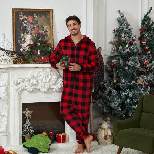 Size 2XL Red Plaid Lightweight Fleece Onesie Pajamas, Hooded Printed Zipper Pjs Set for Women & Men Christmas Sleepwear Warm