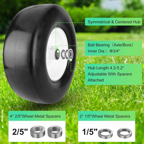 2 Pcs 13x500-6 Color White Upgrade 13x5.00-6 Flat Free Lawn Mower Tire and Wheel with 3/4 Chrome Steel Bearings, Zero Turn Mower Front Solid Tire Assembly for Commercial Grade Lawn, Garden Turf, 4.2-5.2 Centered Hub