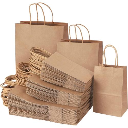 10x5x13 TOMNK 100pcs Brown Paper Bags with Handles Assorted Sizes Mixed Sizes Bulk Kraft Paper Gift Bags for Business, Shopping, Retail