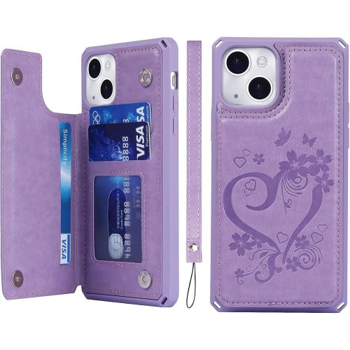 iCoverCase for iPhone 13 Wallet Case with Card Slots Holder Kickstand [RFID Blocking] Embossed Leather Magnetic Shockproof Cover with Wrist Strap (Heart Purple), Purple