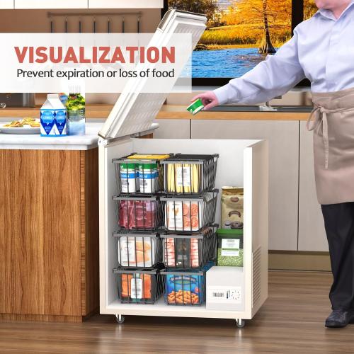 Goovilla Freezer Organizer Bins with Foldable Handle, 4 Pack Stackable Freezer Baskets for 3.5-7 Cu.FT Deep Chest Freezer Organization, Coated Metal Freezer Storage Bins with Better Space Utilization