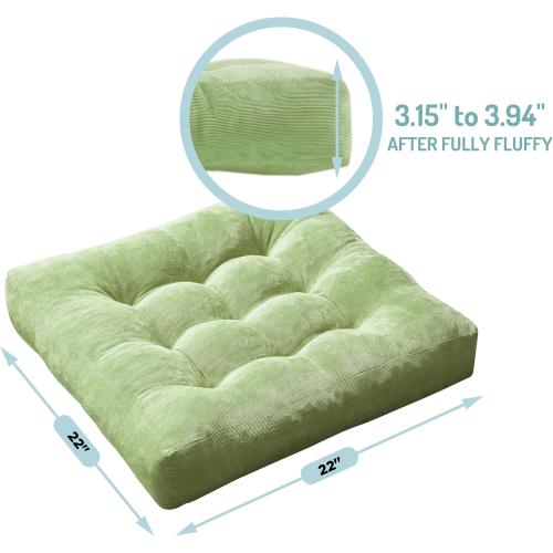 Meditation Floor Pillow Set of 2, Square Large Pillows Seating for Adults, Tufted Corduroy Cushion for Living Room Tatami, Green