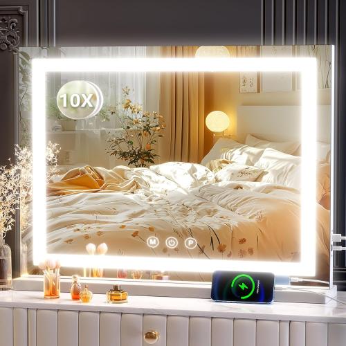 Makeup Vanity Mirror with USB Charging Port 24 x 19 Large LED Makeup Mirror, Desk Mirorr with Lights, Light up Mirror with 10X Magnification and, Dimmable 3 Modes, Touch Control White