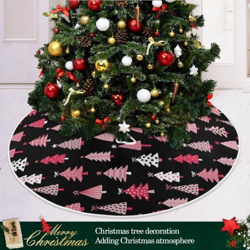 Black Pink Tree Theme Christmas Tree Skirt 36 in Winter Xmas Tree Mat Decoration Holiday Party Supply for Indoor Outdoor Home Office Ornament