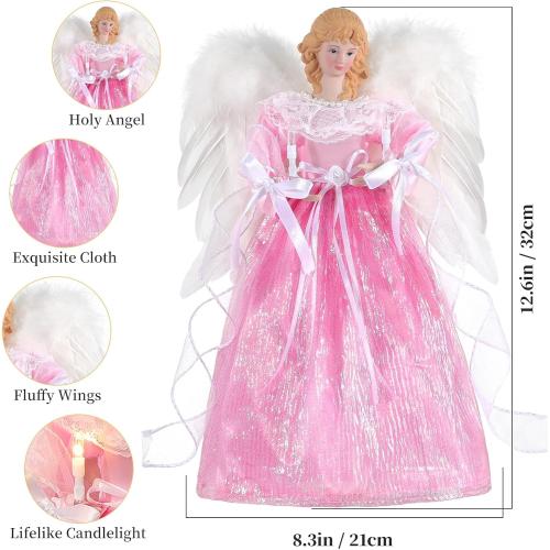 Lewondr Christmas Tree Topper Angel, 12'' Light Up Angel Tree Topper with Wings and Candle Light, 8 Modes and 6 Hrs Timer USB and Remote Operated Christmas Decor for Holiday Home Decor, Pink