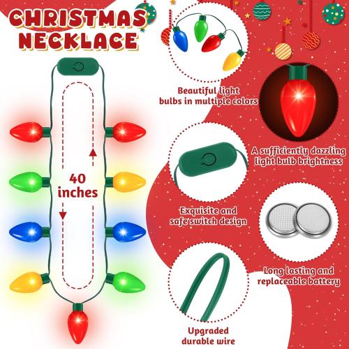 QZYL 2 Pack Christmas Light Necklace, Colorful Christmas Accessories, 9 LED Bulbs Light Up Necklace with 3 Flash Modes, Ugly Sweater Lights for Xmas New Year Party Favor Supplies Accessories
