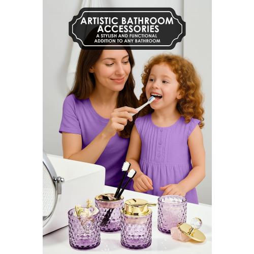 Purple Bathroom Accessories, 4Pcs Purple Bathroom Accessory Set Complete, Toothbrush Holder Set, Soap Dispenser, Qtip Holder, Tumbler, Perfect for Bathroom Decor and Vanity