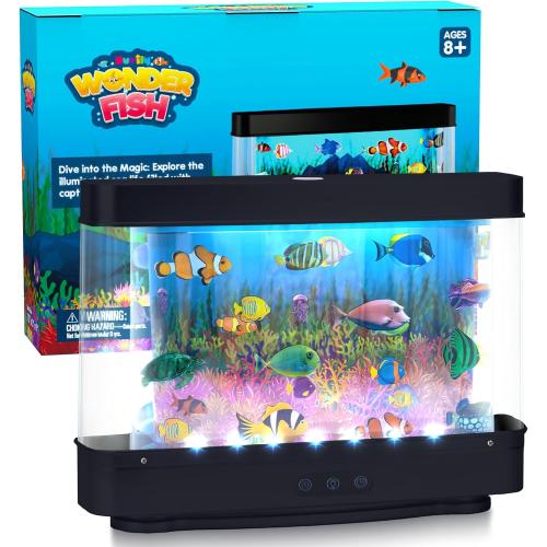 Artificial Fish Tank Virtual Ocean Toy with 2H or 6H Timer, Dimmable Lights, Mini Desk Decor, Colorful Aquarium, Motion Lamp Night Light for Kids with Moving Fish
