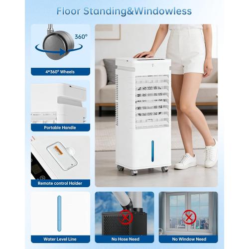 Portable Air Conditioners, Swamp Cooler Portable AC Unit for Room, Windowless Cooling Fan That Blow Cold Air w/Remote 5L Tank 12 Speeds 9H Timer, Evaporative Air Cooler for Bedroom Garage (White)