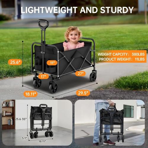 InBrave Collapsible Wagon Cart Foldable Beach Wagon with All-Terrain Wheels - 380 LBS Heavy Duty Grocery Cart for Shopping, Beach, Camping, Sports, Garden (Black)