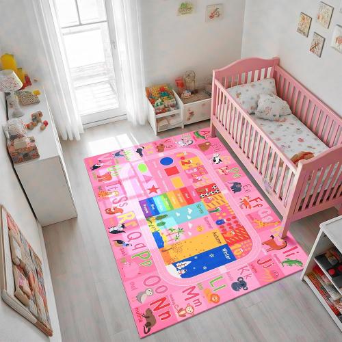 Pink Kids Rug for Playroom Classroom, ABC Alphabet Numbers Play Toddlers Rugs, Learning Educational Bedroom Floor Mat, Washable Baby Carpet for Girls Room, Nursery, Preschool, Daycare