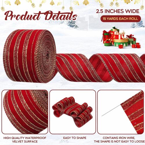 Syhood Christmas Wired Velvet Ribbon with Gold Edge, Waterproof Wrapping Velvet Decoration Ribbon for Xmas Wreath Bows Floral Craft Ornaments(Burgundy,2.5 Inch by 15 Yard)