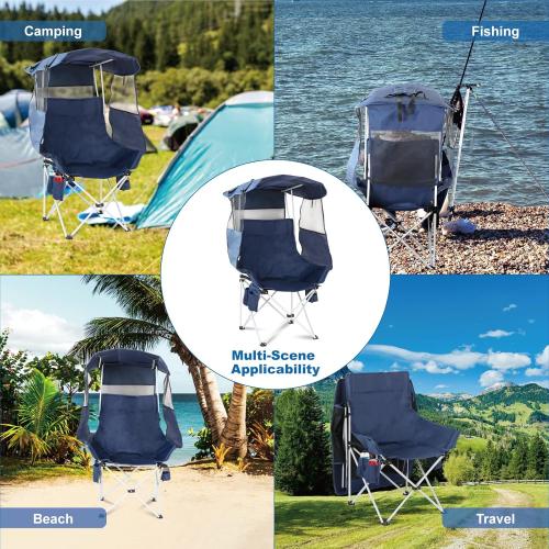 Folding Camping Chairs Canopy Outdoor: Sports Portable Beach Chair with Canopy-Lawn Beach Chairs with Umbrella for Adults-Camping Chair with Shade for Fishing Camp Heavy Duty (Regular, Navy Blue)