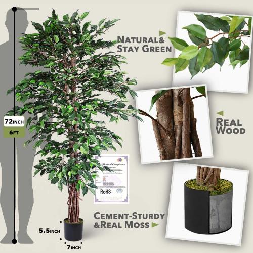 Artificial Ficus Tree for Home Decor, 6 Feet Faux Plant Fake Silk Trees with Pot for Indoor Outdoor House Living Room Office Garden (6 ft Tall)