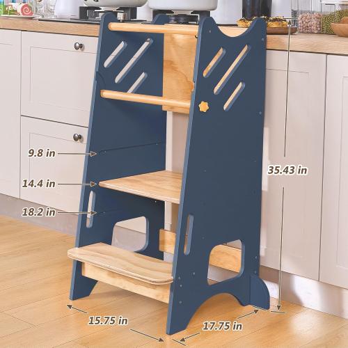 Toddler Standing Tower with Safty Rail & Non-Slip Pads, 3 Height Adjustable Toddler Tower with Chalkboard, Great for Kitchen Activities, Hand Washing & Creative Play, Blue