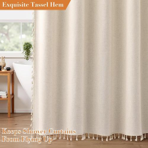 Nanspring Beige Boho Linen Shower Curtain 72 Inch Cute Tassel Natural Boho Vintage Rustic Fabric Bath Curtain Set with Hooks Neutral Farmhouse Country Elegant Shower Curtain for Bathroom 72x72, Beige