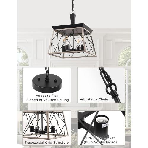 DORESshop 4-Light Rustic Farmhouse Chandelier for Dining Room, 15 Black and Rust Dining Room Light Fixtures, Adjustable Hanging Vintage Trapezoidal Grid Light Fixture for Kitchen Island, E26 Base