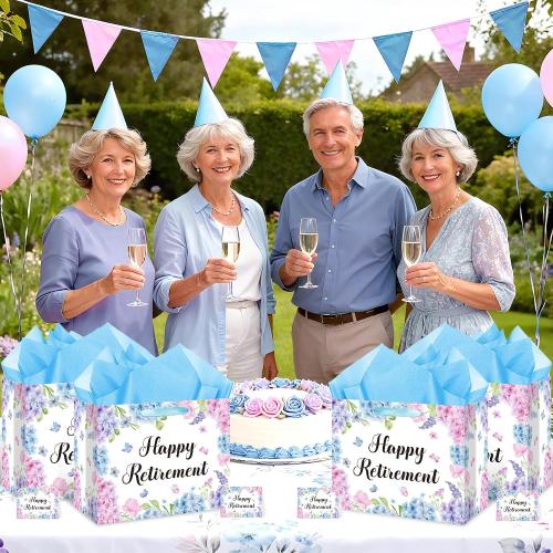 Happy Retirement Gift Bag for Women Blue Floral Retirement Gift Bag with Tissue Paper Greeting Card Hydrangea Retired Gifts for Happy Retirement Office Coworkers Farewell Going Away Party Decorations