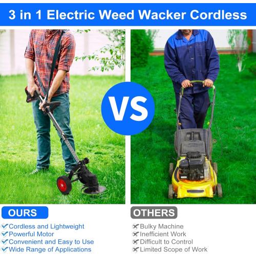 Electric Weed Wacker with Wheels, Cordless Weed Eater 2000mAh 21V Battery Operated, 3 in 1 Weed Trimmer Brush Cutter with Adjustable Telescopic Pole for Villas, Yards & Parks, Black, ELM001