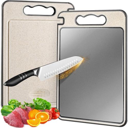 Titanium Cutting Board Double Sided for Kitchen,Knife Sharpener & Garlic Grater Wheat Straw   PP with Juice Groove Large Chopping Board（15×10In） Kitchen Necessities for Home