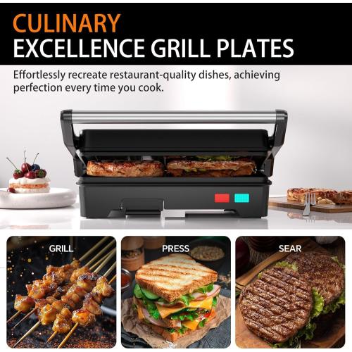 Panini Press Grill, Sandwich Maker with Non-Stick Coated Plates & Removable Drip Tray, 3-in-1 Electric Sandwich Press Opens 180° Flat, Stainless Steel Exterior with Overheat Protection,1000W, Black