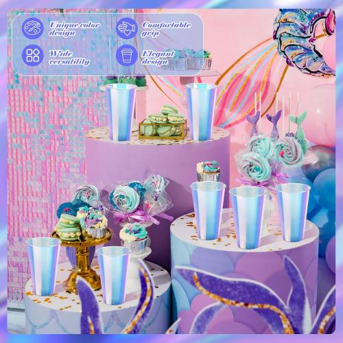100 Pcs Iridescent Plastic Cups Rainbow Cups Holographic Party Clear Glitter Shiny Plastic Tumblers for Wedding Birthday Bachelorette Mermaid Party(16 oz)
