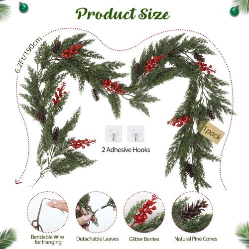 RECUTMS Christmas Pine Garland 6.2FT Artificial Christmas Cedar Garlands with Pine Cones Red Glitter Berry Stems Faux Cypress Wreath for Door Window Wall Mantel Indoor Outdoor Xmas Decor(Red Berry)