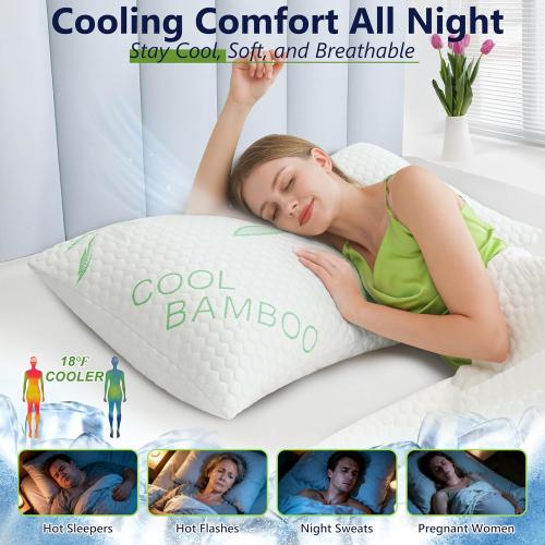 Memory Foam Pillows, Cooling Pillows Queen Size Set of 2 Adjustable Firm Bamboo Bed Pillows for Hot, Side, Back and Stomach Sleepers
