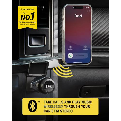 Scosche BTFM9 FM Bluetooth Transmitter Car, Dual 12W USB-C and USB-A Charging Ports, Fast Type C Car Charger, Wireless Radio Bluetooth Adapter, Hands-Free Kit for Calls, Siri and Google Assistant